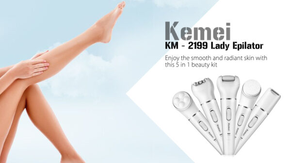 Kemei KM-2199 5 in 1 - ماكينة ازالة الشعر للسيدات 5 في 1 إزالة شعر الجسم والوجه والمناطق الحساسة مع المساج وتقشير لجلد الرجل الميت - Image 10